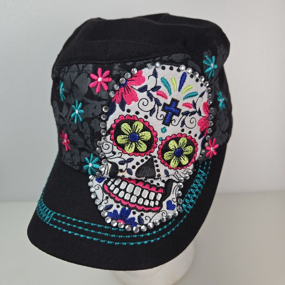 Kbethos Sugar Skull Embroidered Rhinestone Military Style Hat Cap Black Adjustab